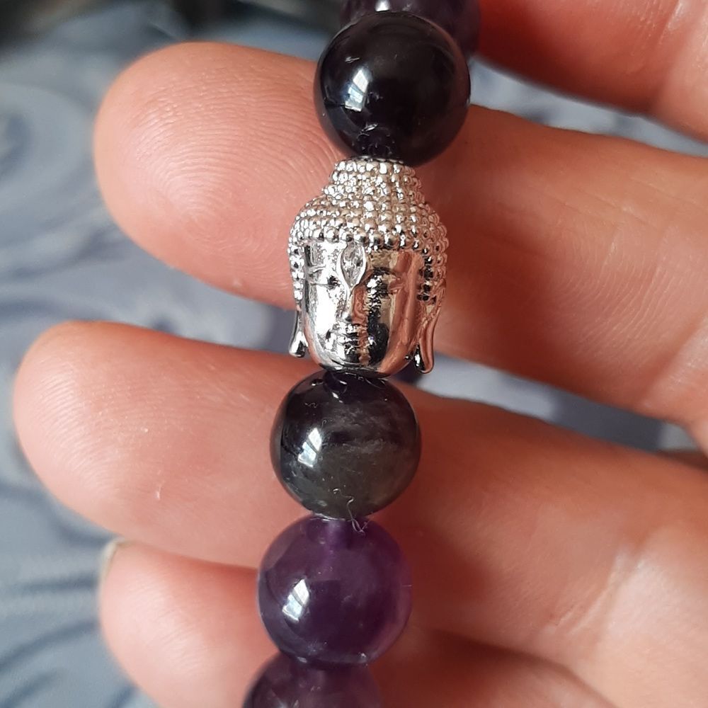 Cz Buddha & Amethyst Beaded Stretch Bracelet